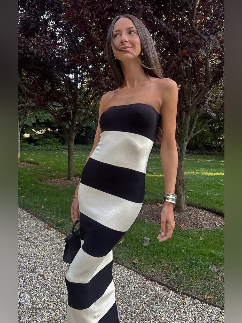 Beige botany striped knit stretchy tube dress
